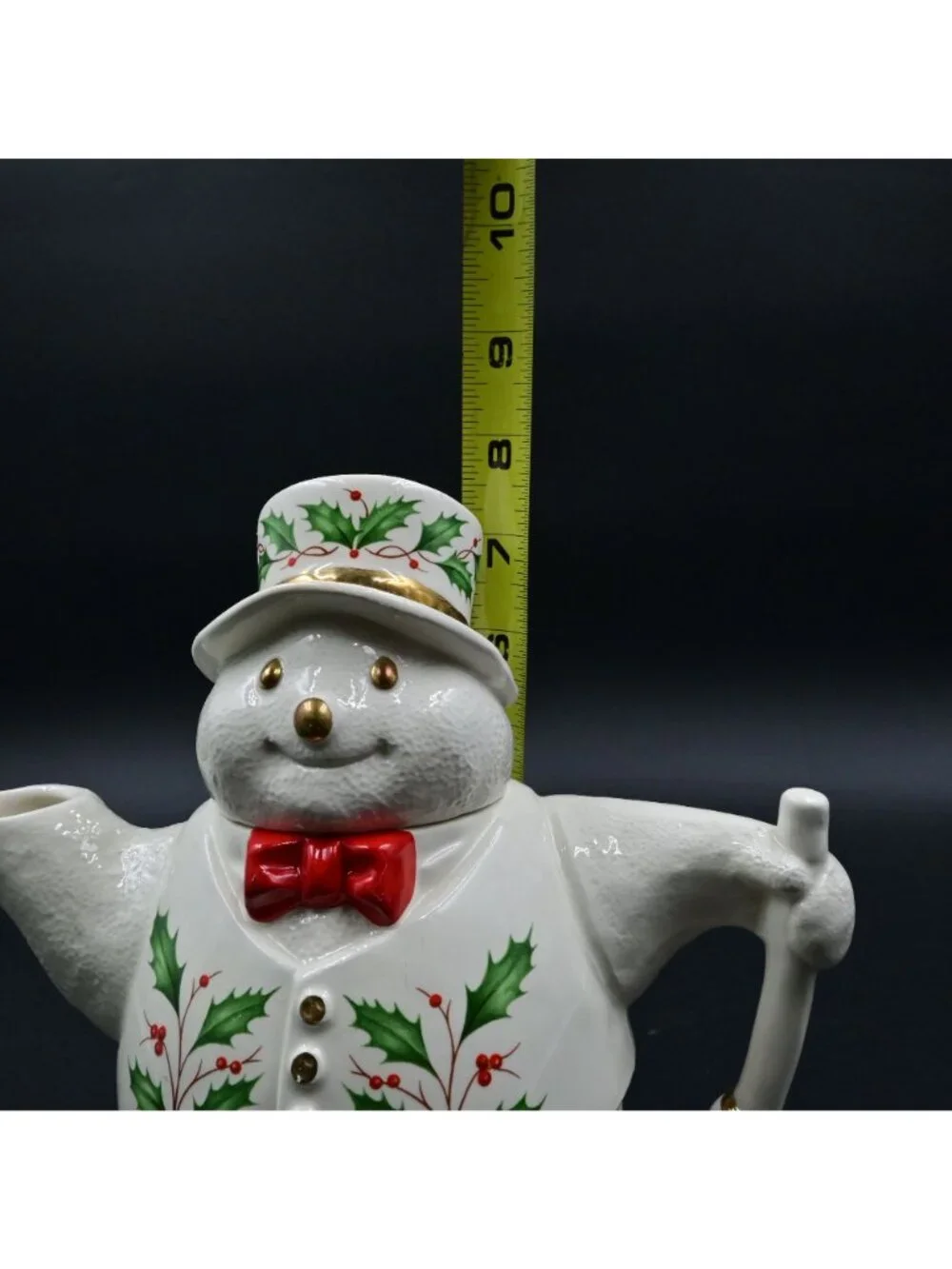Lenox Holiday Snowman Teapot Christmas Holly Berry Fine Porcelain Gold Trim
